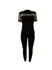 Leopard Print 2pc Set Crew Neck Tee & High Waist Pants