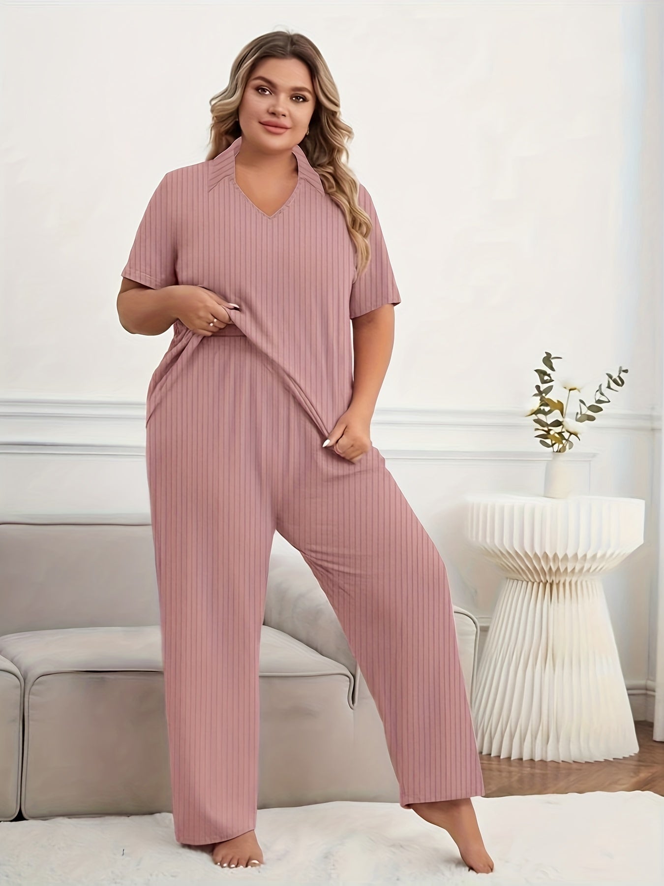 Ribbed Knit Polo Neck Top & Pants Lounge Set