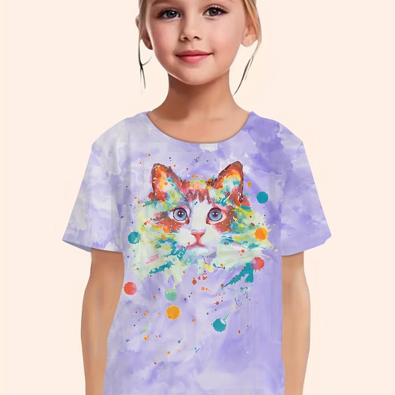 Tie Dye Cat Graphic Short Sleeve T shirt For Girls