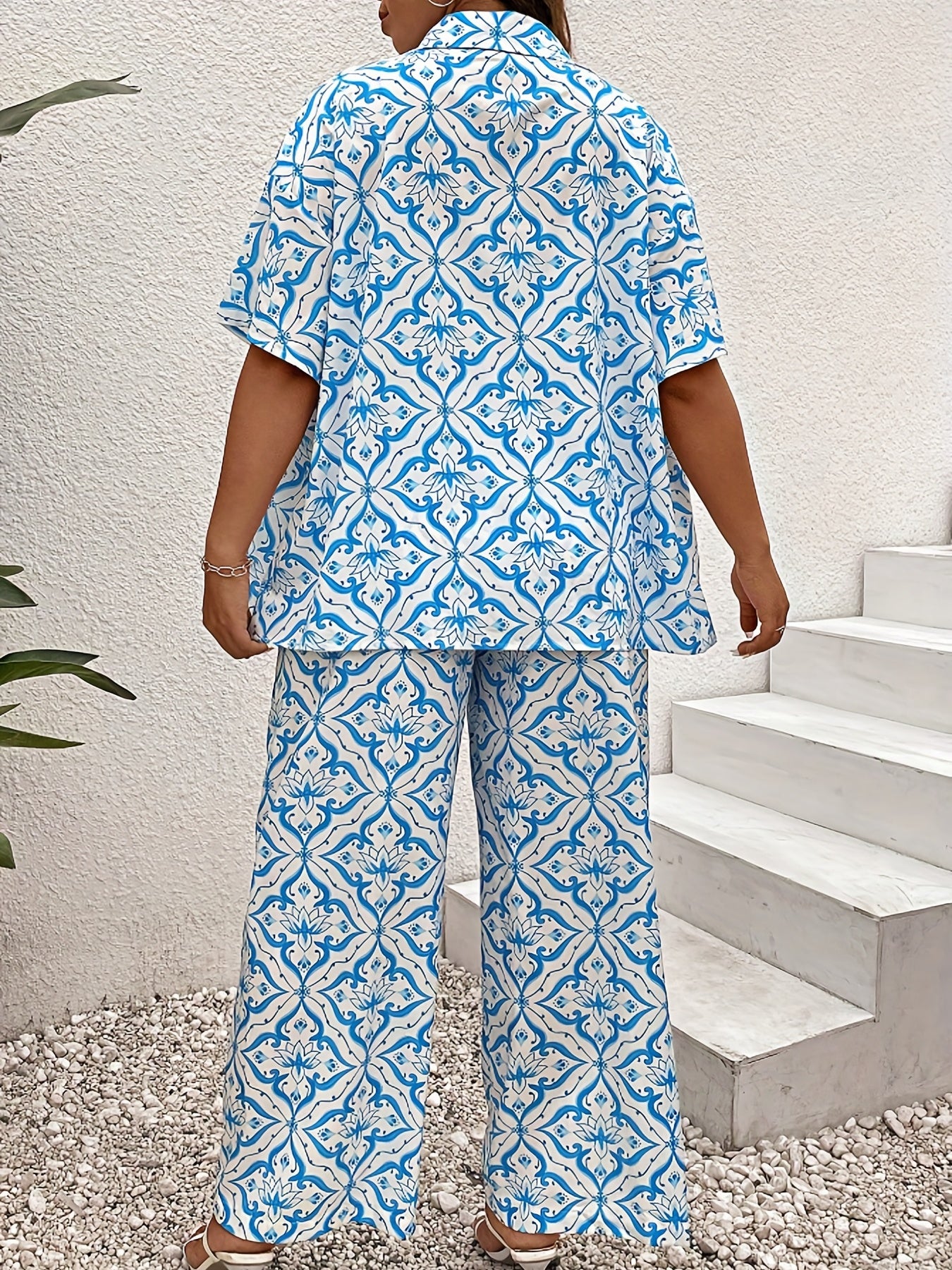 Women's Plus Floral Print Short Sleeve Blouse & Wide Leg Pants Set