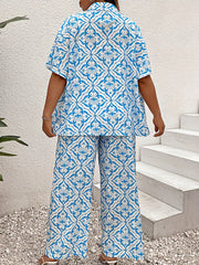 Women's Plus Floral Print Short Sleeve Blouse & Wide Leg Pants Set