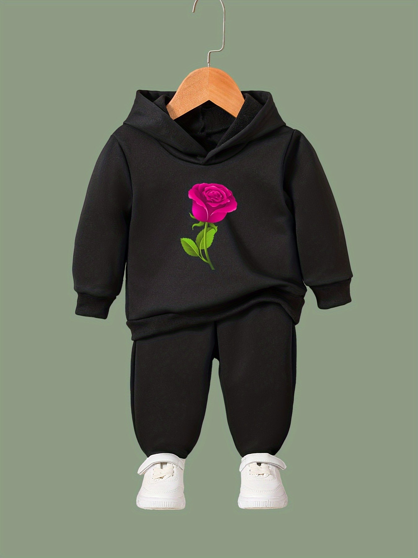 2pcs Rose Print Outfits Girls Hoodies Jogger Pants Set For Girls Sports