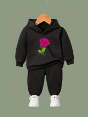2pcs Rose Print Outfits Girls Hoodies Jogger Pants Set For Girls Sports