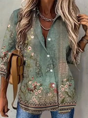 Floral Border Print Long Sleeve Lapel Collar Button Up Blouse