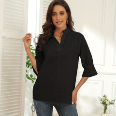 Casual Blouse Women's Plus Solid Half Sleeve Stand Collar Shirt Top
