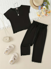 Girl's Ribbed T-shirt & Bowknot Pants Set Summer Outfit