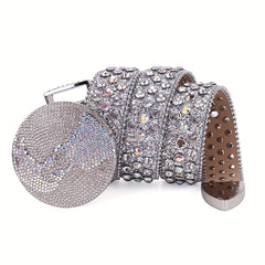 Sparkle Earth Round Buckle Rhinestone Belt Crystal Studded Belt