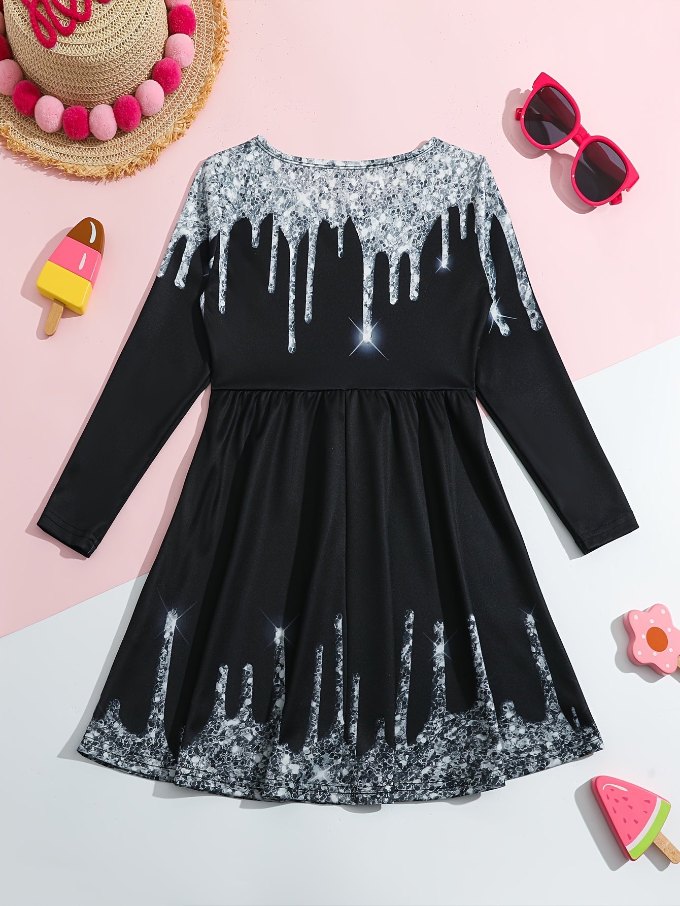 Girls Splicing Long Sleeve Dress Comfy Spring Fall Gift