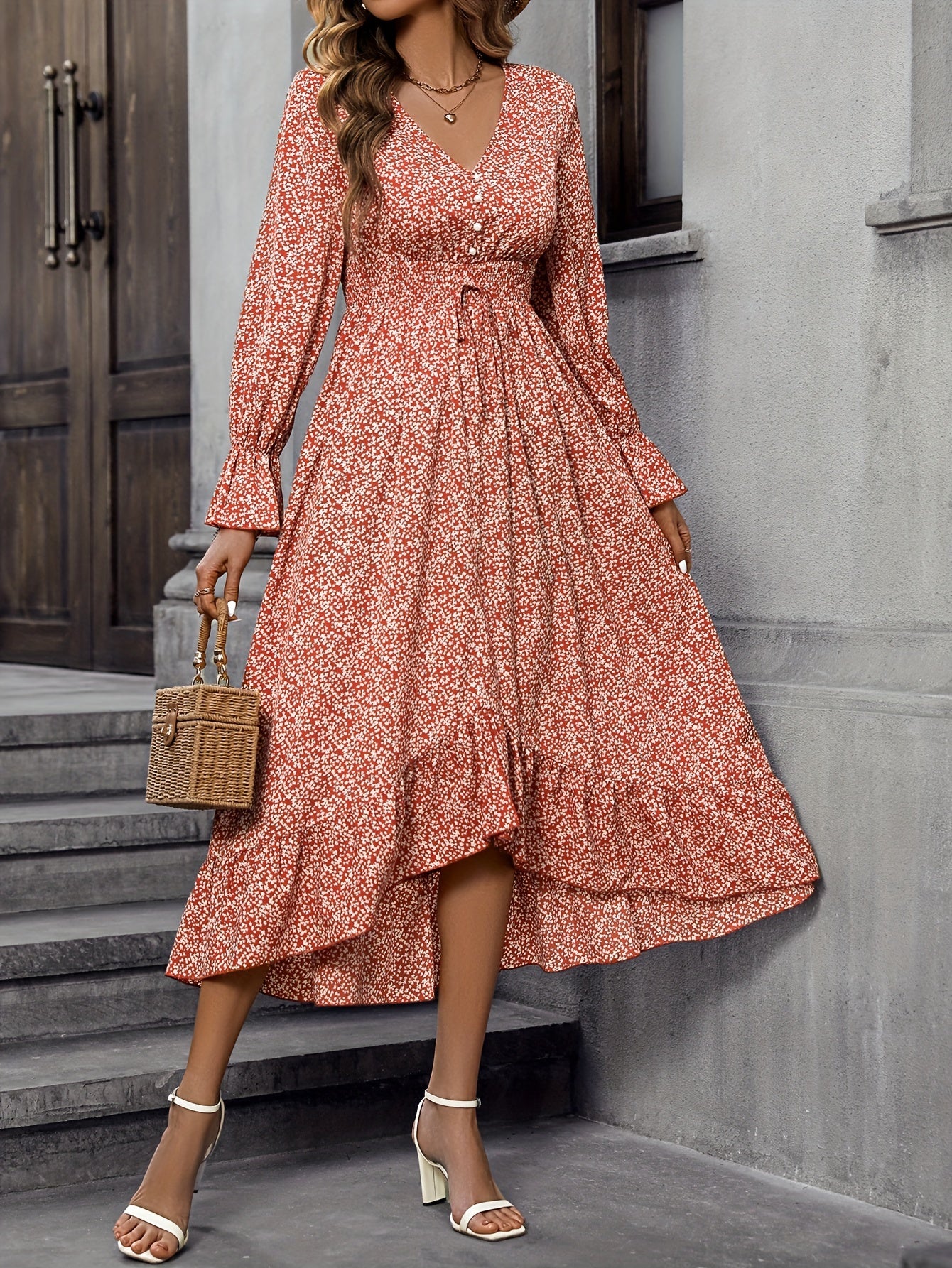 Floral Print Dress V Neck Long Sleeve