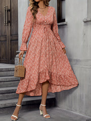 Floral Print Dress V Neck Long Sleeve