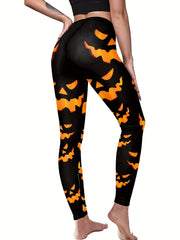 Halloween Sports Leggings Women's Plus Pumpkin Print Elastic Waist
