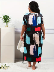 Colorblock Brush Print Round Neck Nightdress