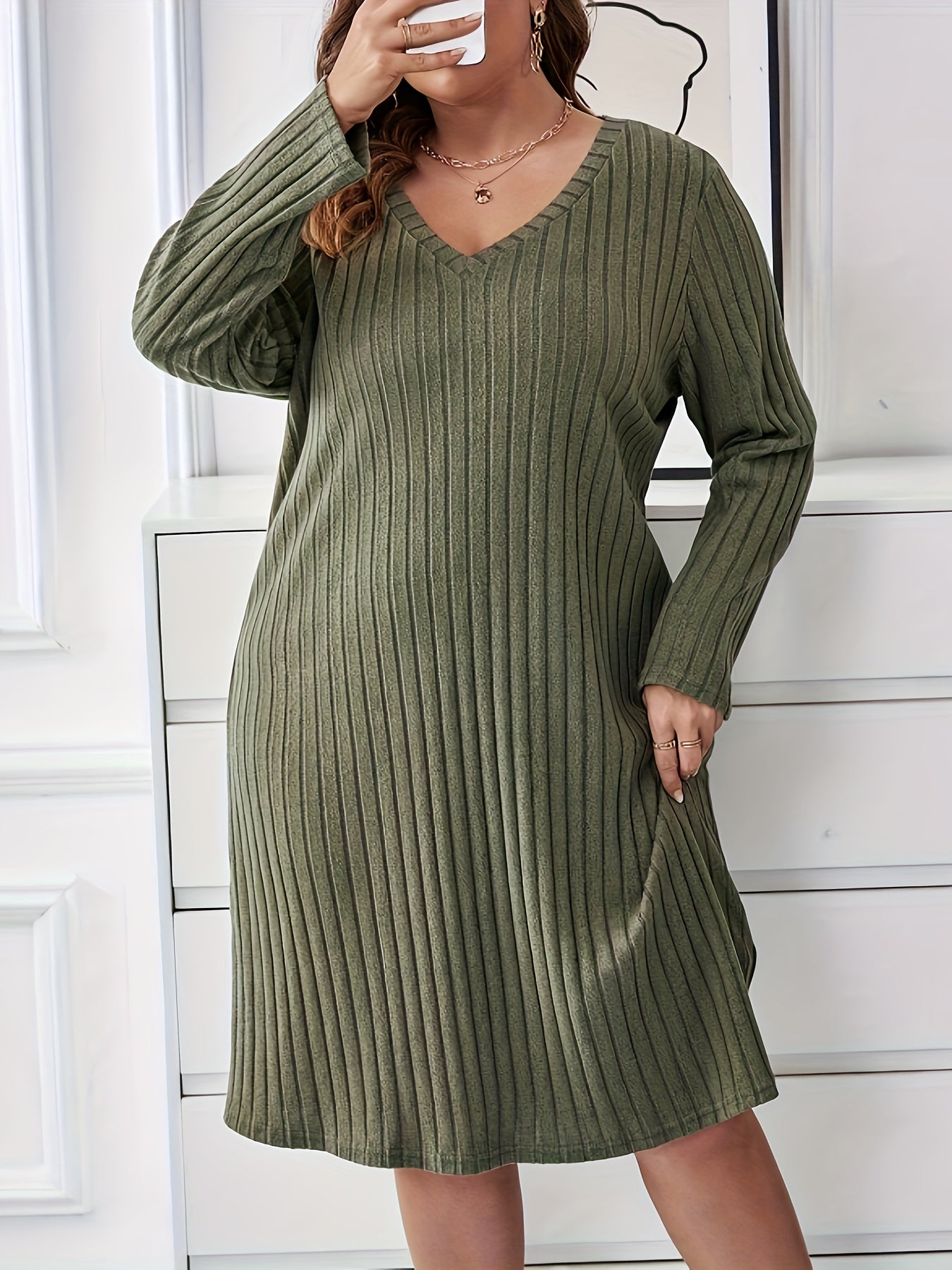 Solid Long Sleeve V Neck Ribbed Knit Sleep Dress