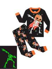 2pcs Halloween Pumpkin Print Boys Pajamas Set Long Sleeve T shirt & Pants