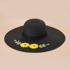 Flower Embroidery Sun Hat Easter Wide Flat Brim Straw Hat Women Beach Travel