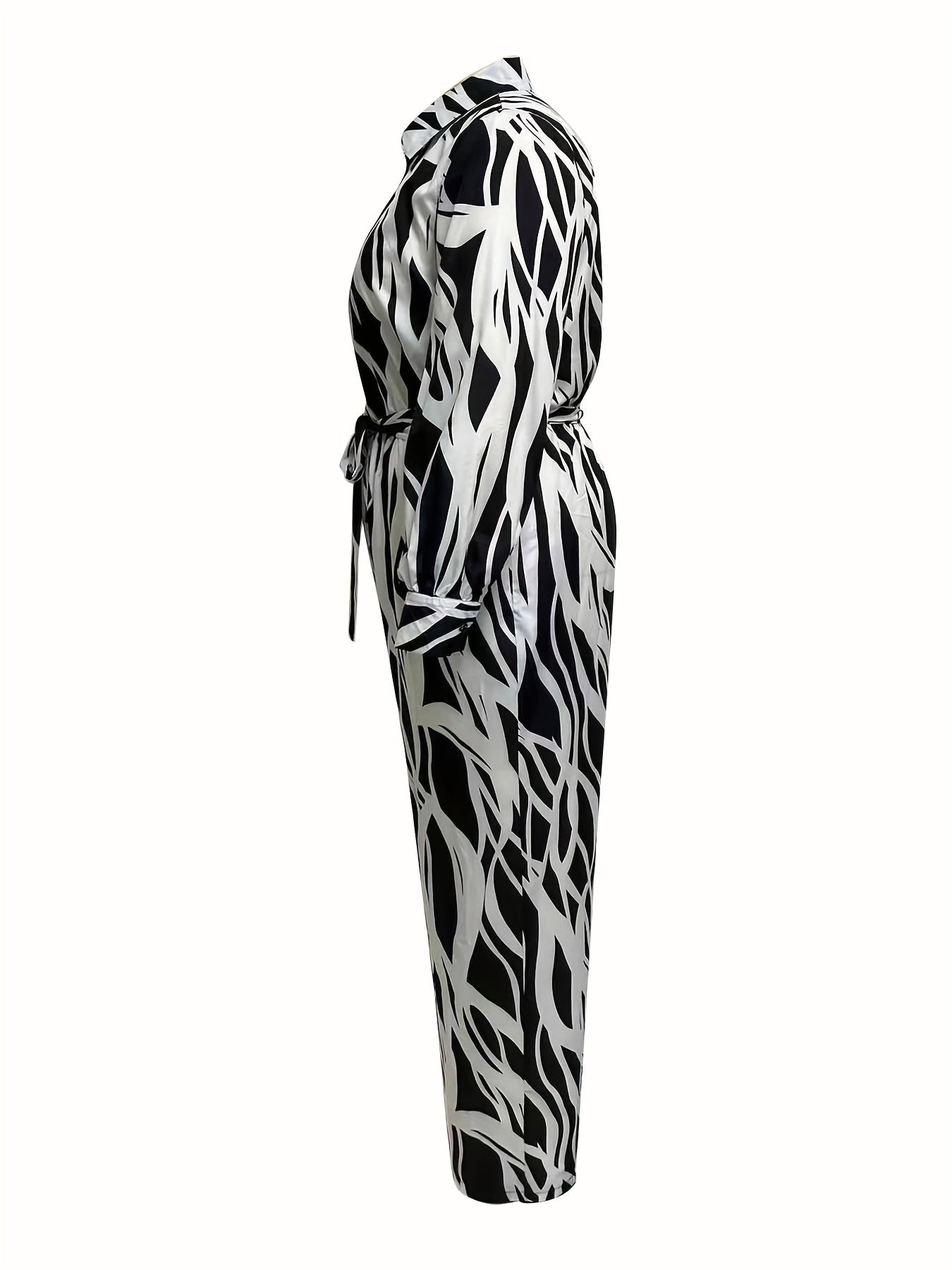 Abstract Striped Print Long Sleeve Belted Jumpsuit Plus Size