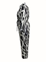Abstract Striped Print Long Sleeve Belted Jumpsuit Plus Size