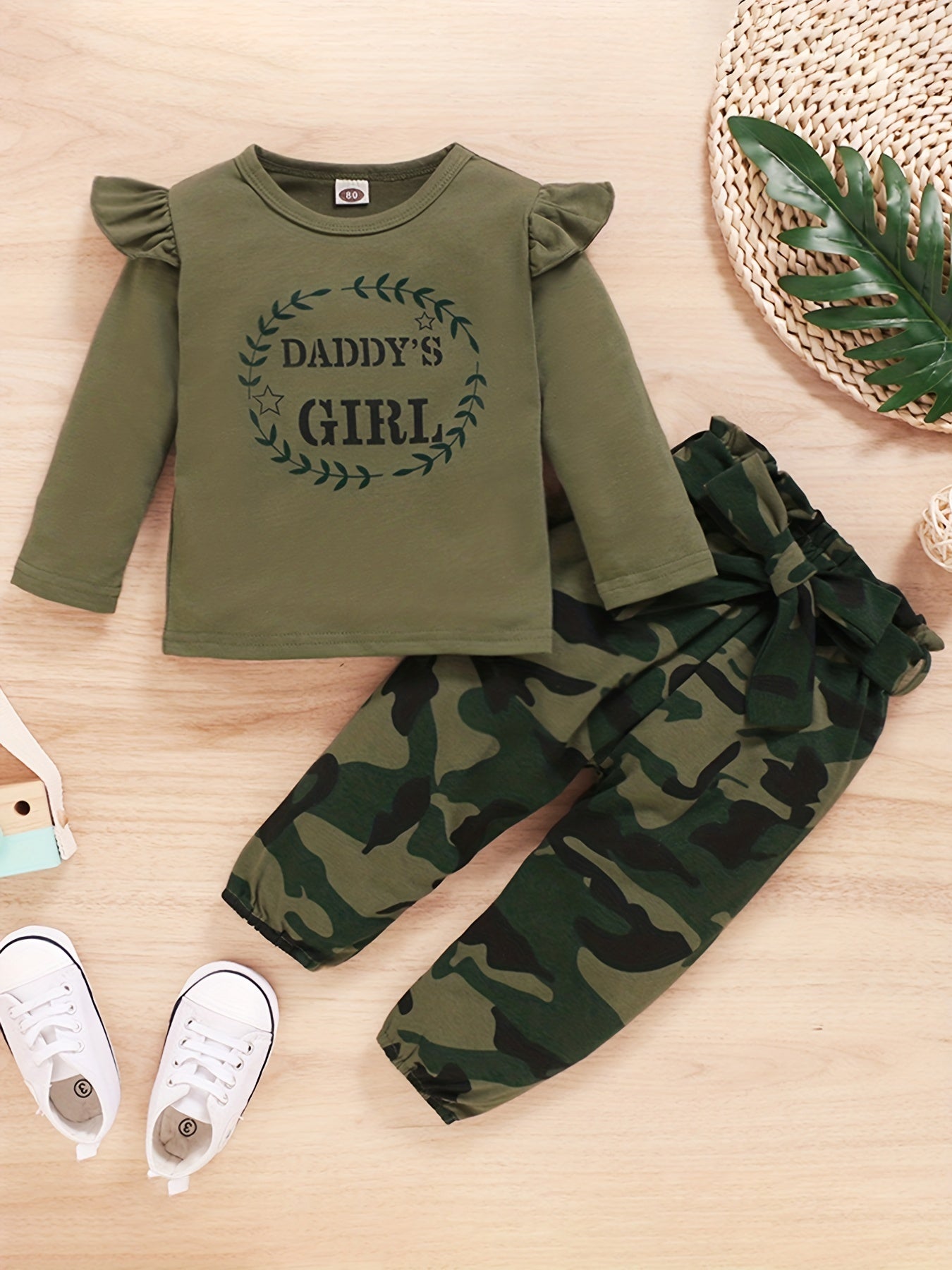 2pcs Baby Girl Letter Long Sleeve Top Camouflage Trousers Set