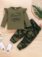 2pcs Baby Girl Letter Long Sleeve Top Camouflage Trousers Set