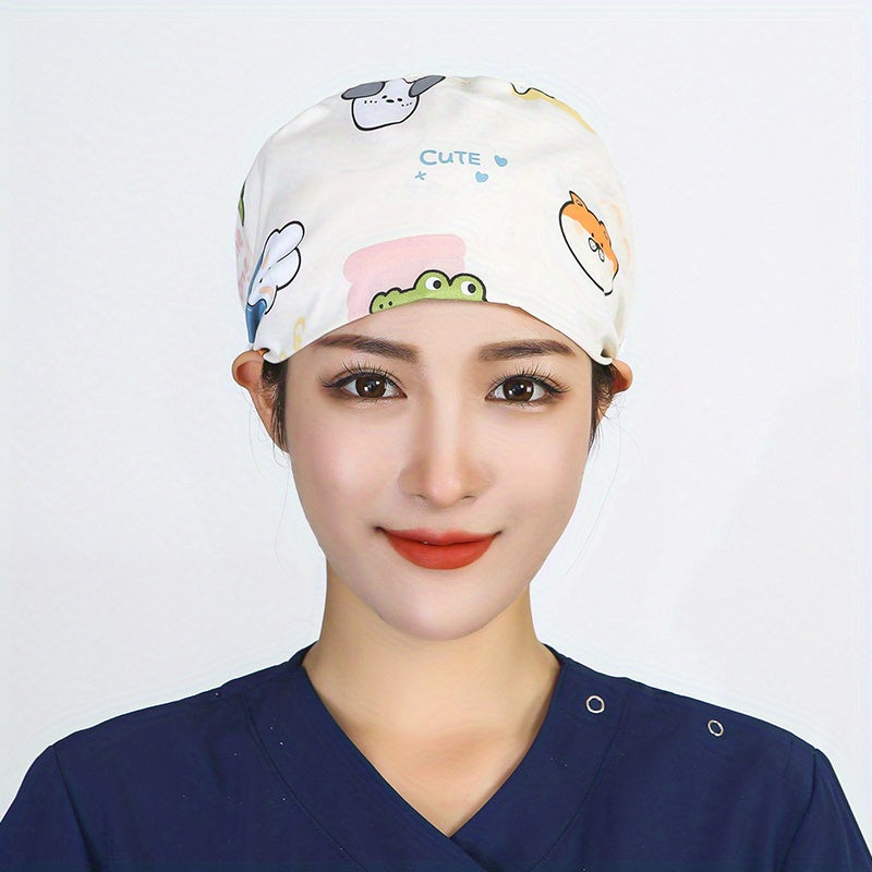 Cartoon Print Nurse Cap Scrub Cap with Button Elastic Adjustable Work Hat