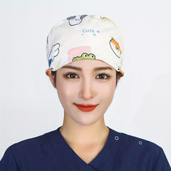 Cartoon Print Nurse Cap Scrub Cap with Button Elastic Adjustable Work Hat