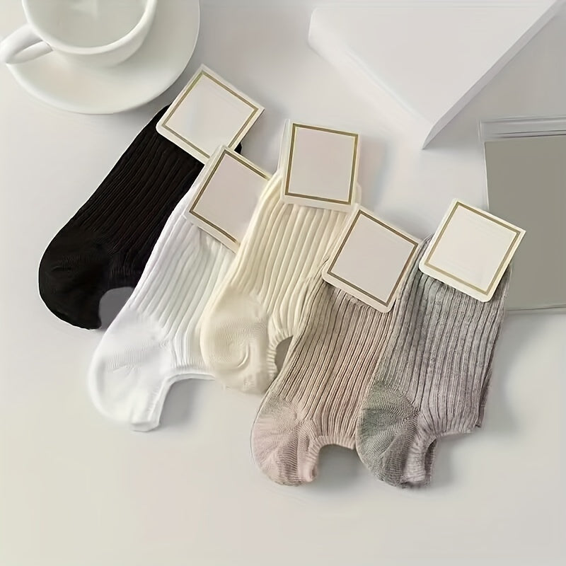 5 Pairs Ribbed Ankle Socks Casual & Comfy Women's Stockings