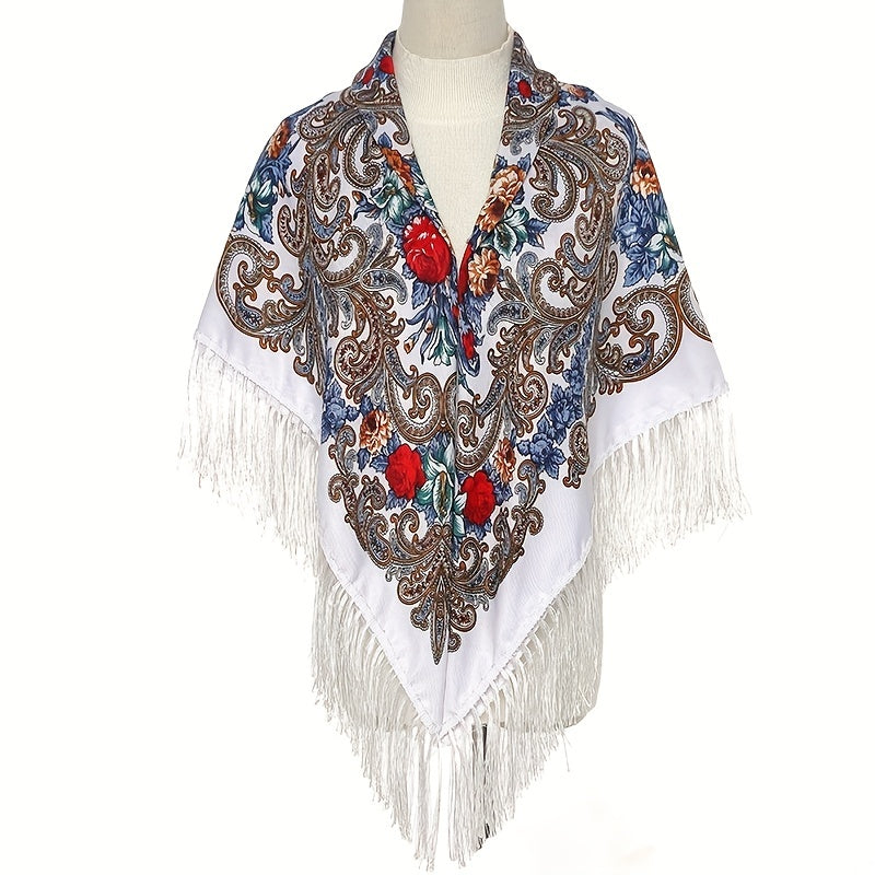Boho Flower Print Gray Square Scarf with Tassel Shawl