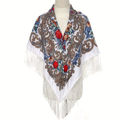 Boho Flower Print Gray Square Scarf with Tassel Shawl