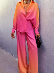 Gradient Two Piece Set Long Sleeve Polo Collar Shirt & Wide Leg Pants