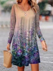 Floral Print Long Sleeve Round Neck Dress
