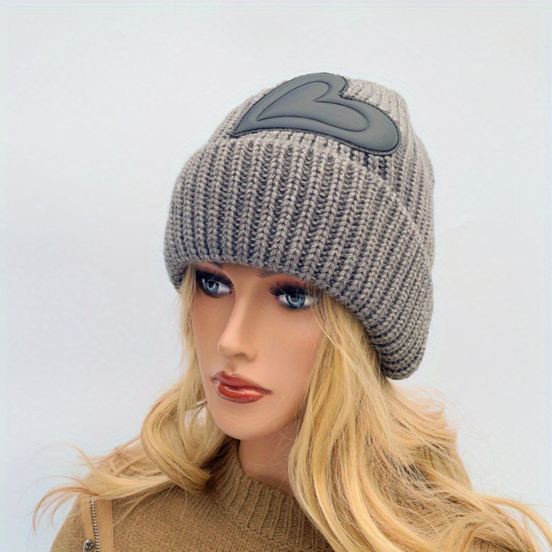 Heart Label Patch Beanie Thick Elastic Knit Hat Solid Skull Cap