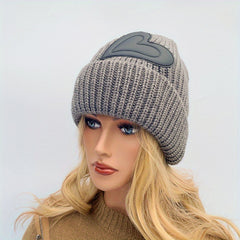 Heart Label Patch Beanie Thick Elastic Knit Hat Solid Skull Cap