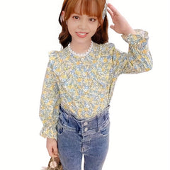 Girls Floral Print Long Sleeve Lace Collar Blouse Shirt