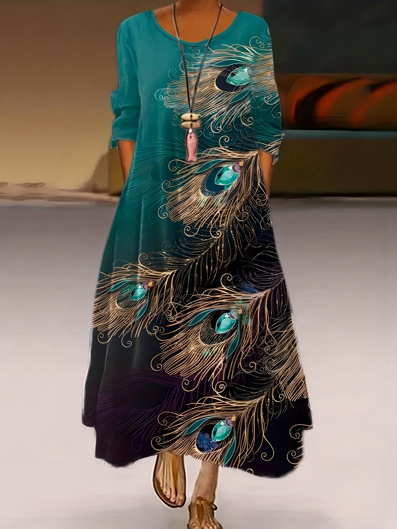 Peacock Print Long Sleeve Maxi Dress