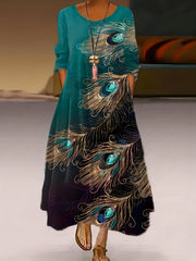 Peacock Print Long Sleeve Maxi Dress