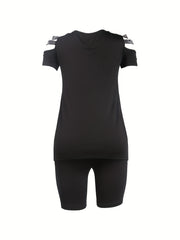 Rhinestone Zipper Neck T Shirt & Ripped Shorts Set