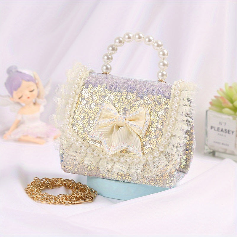 Sweet Bow Girls Crossbody Bag with Sequins & Pearl Handle