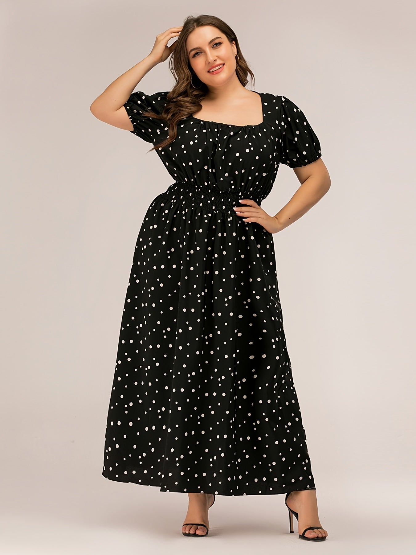 Polka Dot Square Neck Puff Sleeve Maxi Dress - Plus Size