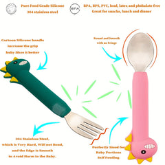 Dino Toddler Silverware Silicone Handle Safe Flatware Stainless Steel Cutlery