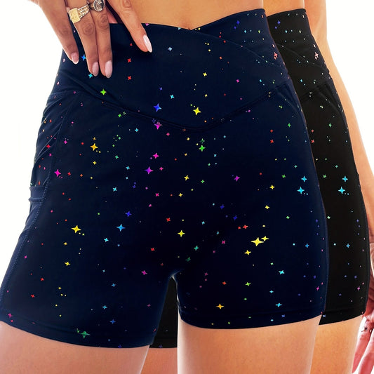 Star Print Cross Waist Yoga Shorts High Waist Running Workout Shorts