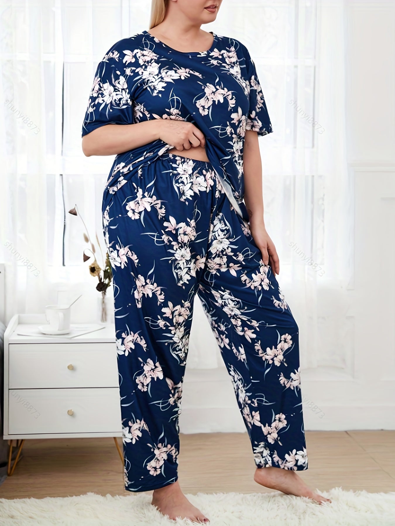 Floral Print Plus Size Lounge Set Short Sleeve Round Neck T shirt & Pants
