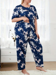 Floral Print Plus Size Lounge Set Short Sleeve Round Neck T shirt & Pants