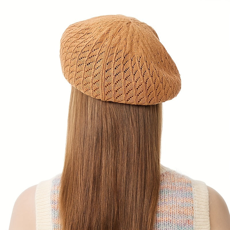 Brown Hollow Out Beret Classic Solid Beanie Lightweight Painter Cap Vintage