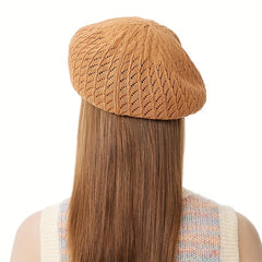 Brown Hollow Out Beret Classic Solid Beanie Lightweight Painter Cap Vintage