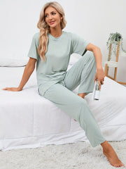 Ribbed Pajamas Set Crew Neck Split Top & Pants Women's Sleepwear