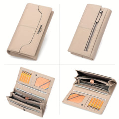 HUMERPAUL Women's Vintage Long Wallet Top Grain Leather Beige Button Closure