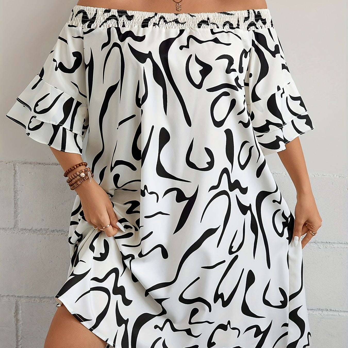 Graffiti Print Off Shoulder Bell Sleeve Dress