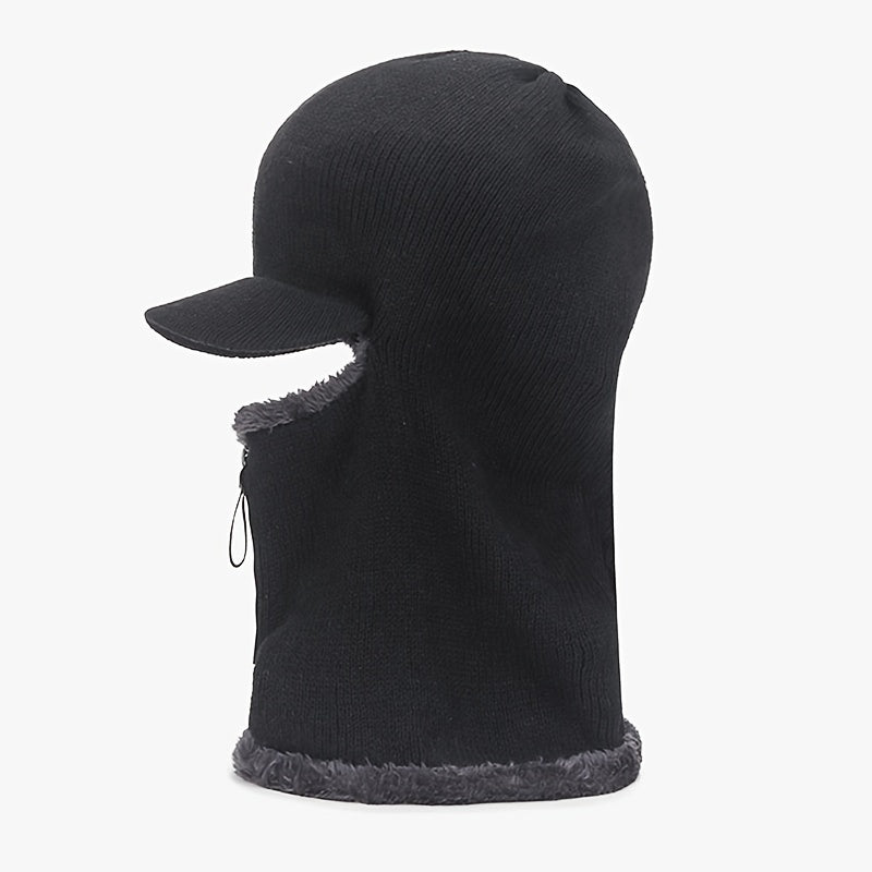 Winter Velvet Knitted Hat Men's Cycling Zipper Face Cover Balaclava