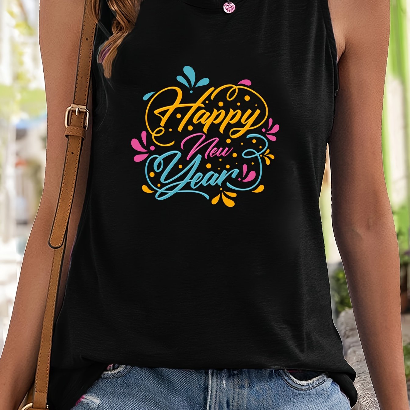 Happy Year Letter Sleeveless Sports Vest Stretchy Casual Tops