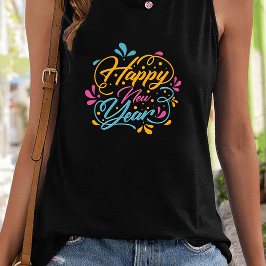 Happy Year Letter Sleeveless Sports Vest Stretchy Casual Tops